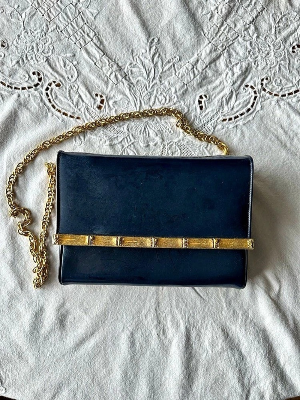 Vintage Morel Blue Chain Clutch